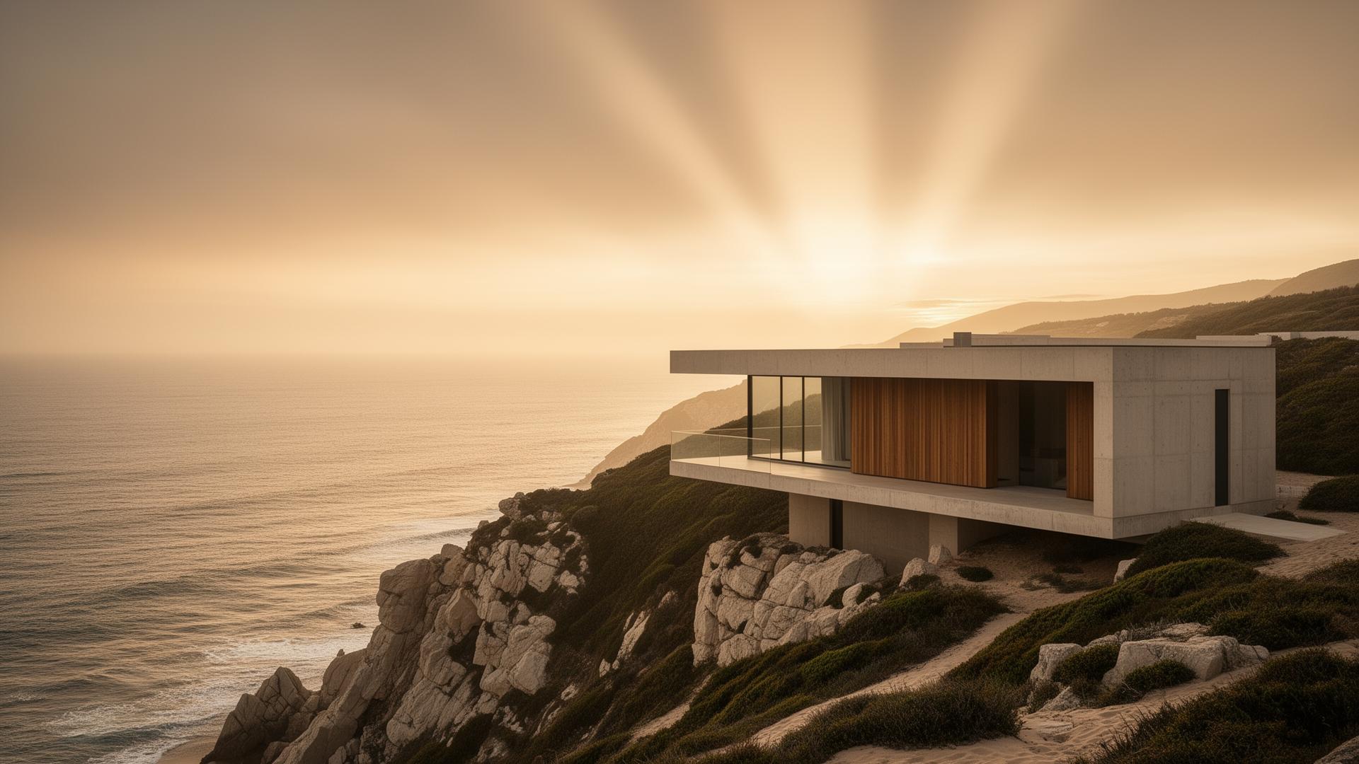 Modern coastal architecture at golden hour